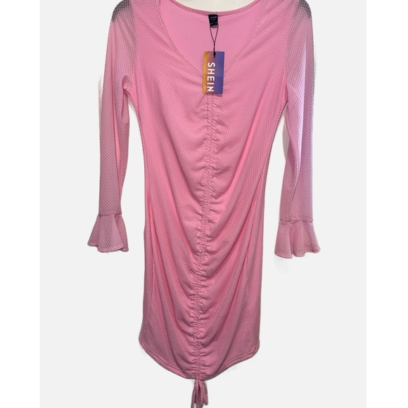 SHEIN SXY -Pink Ruched Drawstring Flounce Sleeve Bodycon Dress size XL NWT - Picture 4 of 11